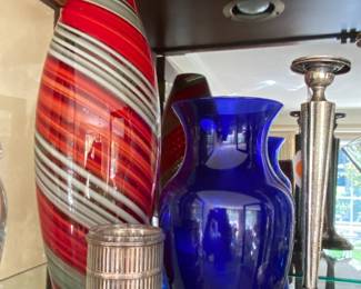 Red swirled art glass vase and sterling  items