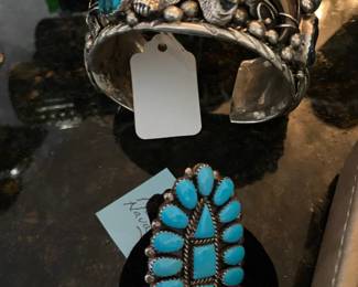 Sterling cuff bracelet and large turquoise ring