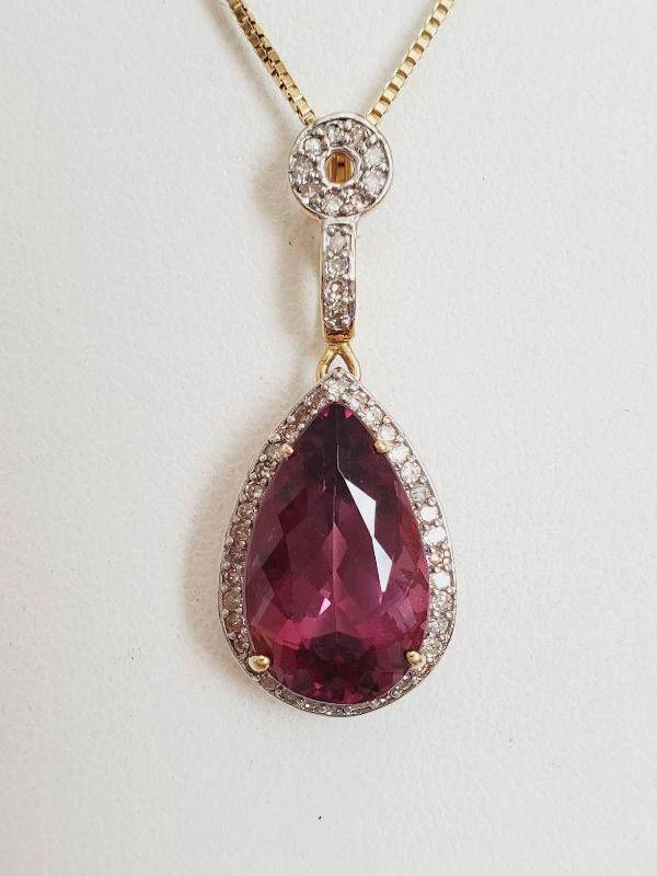 Lorique Brand 18K Gold with Large Faceted Pink Sapphire? & Diamonds Teardrop Shaped Pendant Necklace - 16" (6.6 Grams)