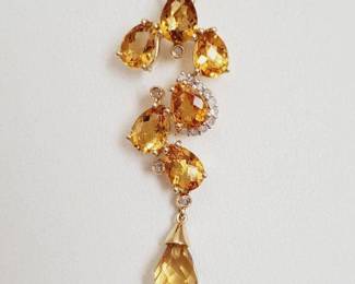 14K Gold with Citrine Stones & Diamonds Pendant Necklace - 18" (4.3 Grams)