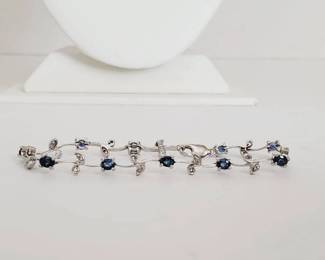 14K White Gold with Tanzanite? & Diamond Stones Vine Design Bracelet - 6 7/8" (7.8 Grams)