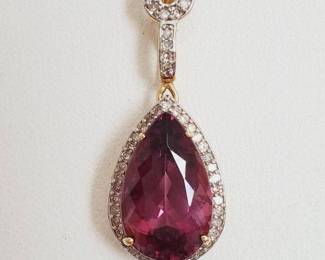 Lorique Brand 18K Gold with Large Faceted Pink Sapphire? & Diamonds Teardrop Shaped Pendant Necklace - 16" (6.6 Grams)