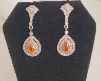 14K White Gold with Citrine & Diamond Stones Dangle Earrings (5.8 Grams)