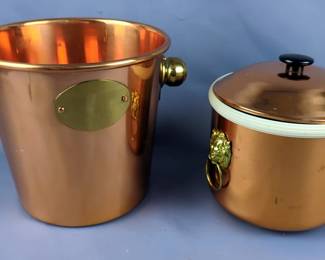 Coppercraft Guild Lidded Copper Ice Bucket With Brass Toned Lion Head Handles, 7" x 7" Dia And Cobre Copper Champagne Bucket, With Monogram, 8" x 8.5"