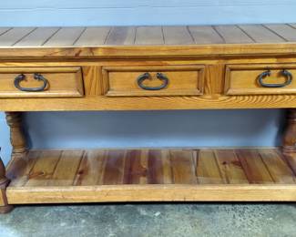 Spanish Style Pine Sofa Table, 30" x 60" x 16", Includes 3 Drawers With Metal Hardware 