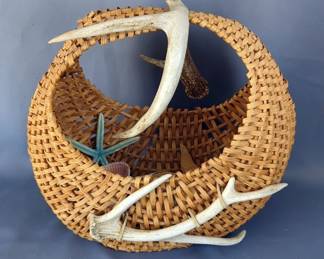 Decorative Deer Antler Woven Basket, 14.5", With Array Of Sea Shells