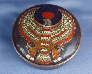 Brass Trinket Box With Inlaid Falcon, 5.25" Dia