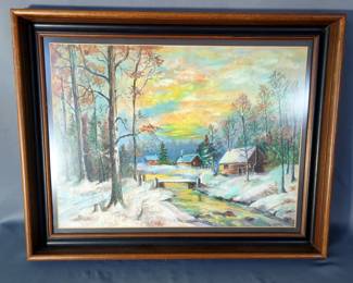 Beulah Gibsons Cabins In The Woods Print, Framed Matted Under Glass, 22.5" x 28", Frame Has Separation At Corners