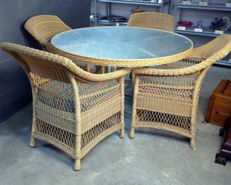 Brown Jordan Wicker Patio Dining Table, 29" x 49", With Glass Top, Including 4 Brown Jordan Wicker Dining Chairs With Polyester Fiber Upholstered Cushions