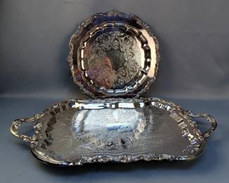 Rogers Bros Heritage Silver Plate Round Serving Tray 14.5" And F B Rogers Silver Plate Ornate Serving Tray 25" x 14"