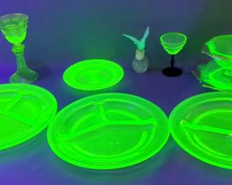 UV Reflective Depression Style Divided Glass Plates, 10" Dia, Qty 4, Depression Star Burst Style Plate,7" Dia, Qty 1, Vintage Depression Glass Style Octagon Encrusted Gold Type Trim With Matching Plate And Serving Ladle, Delagar Royal Dove Perfume Bottle With Green Bird, Vintage Depression Glass Style Goblet With Blue Stem And Base, 4.5", And Moser Style Goblet With Swirl Stem With Raised Flowers And Ornate Gold Style Etchings,7.5"