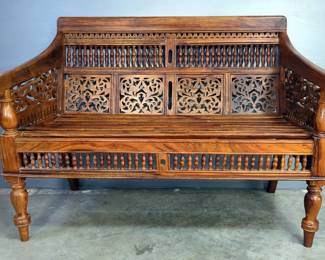 Middle Eastern Style Ornate Carved Bench, 34" x 45" x 25"