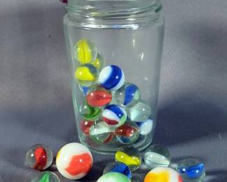 Jar Of Glass Marbles, Cat's Eyes, 3 Shooters