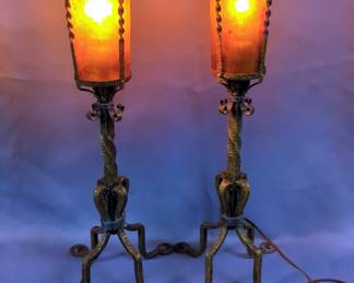 Vintage Copper Colored Metal Side Table Lamps With Gold And Brown Mica Inserts, Both Power On, One Cord Has Been Repaired, Qty 2