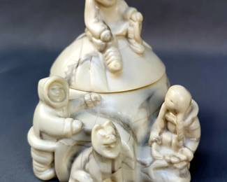 Marblecraft Pearlite Eskimo Family With Igloo Trinket Box, 5" x 6" Dia