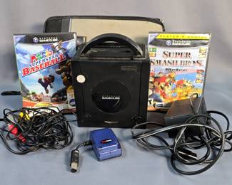 Nintendo Gamecube Console, Power Cord, GameStop Dongle And Games Including Mario Superstar Baseball And Super Smash Bros. Melee, Comes In Carrying Case, Powers On