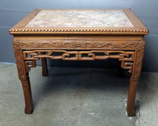 Carved Side Table With Marble Top Inlay, 17" x 17" x 22"