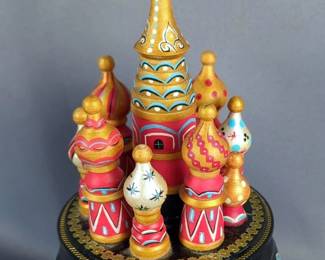 Hand Painted Wood Russian Cathedral Music Box, 9.5" Tall 