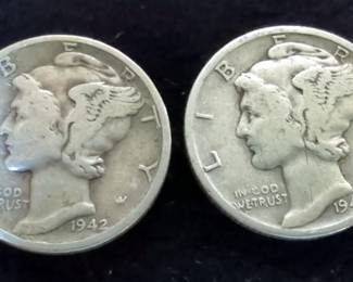 1942 Silver Mercury Dimes, Qty 2, And Silver Roosevelt Dimes, Qty 58