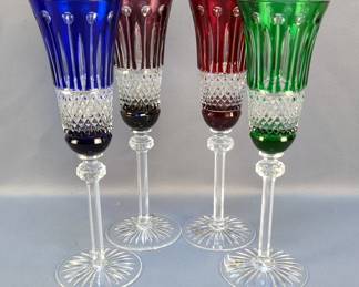 Ajka Crystal Champagne Glasses, Various Colors Made In Hungary, Qty 4