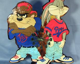 Hand Crafted Taz And Bugs Bunny Kriss Kross Freestanding Wood Clock, 25" x 22" 