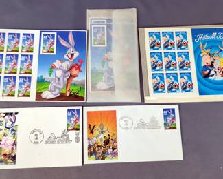 USPS Bugs Bunny 32c Set Of 10 Stamps, First Day Of Issue Stamp, That's All Folks Set Of 10 Stamps And More