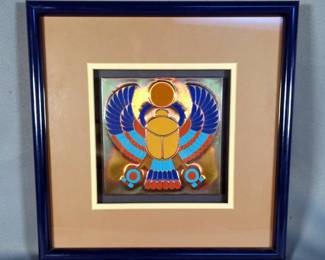 Egyptian Inlaid Winged Scarab Possibly On Copper Tile, Framed Matted Under Glass, 13" x 13"