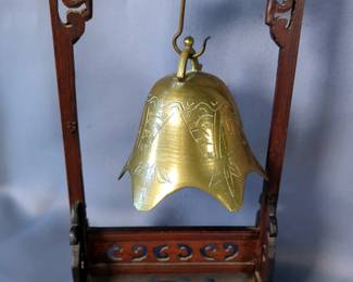 Chinese Brass Meditation Bell With Custom Wood Stand, Brass Chinese Scrolled Book End, White And Gold Toned Porcelain Trinket Box And Porcelain Blue And White Panda Bear Sachet Holder