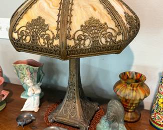 Arts & Crafts Cast Iron Slag Glass Lamp