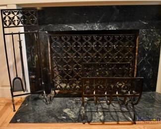 Iron oak leaf and acorn fireplace tools, fire screen and log rack