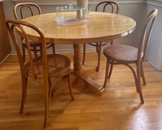 Butcher Block Pedestal Table and Bentwood Bistro Chairs