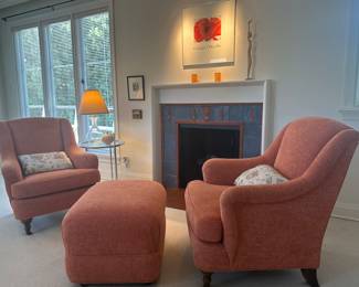 Bridgewater-Arm Club Chairs and Ottoman in a fireside setting