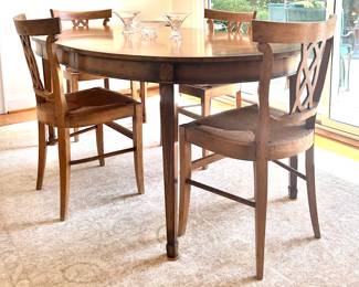 Sheraton Revival Style Racetrack Oval Extension Table with Inlaid Banding, Dining Side and Arm-Chairs with Rush Seats