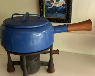 Enamel on Steel Fondue Pot on Iron Base, and Angel Tile