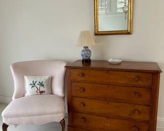 Honeyed-Pine Chest of Drawers, Ceramic Lamp, Slipper Chair, Framed Mirror
