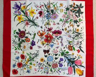Gucci Vintage Floral, Botanical, and Insect Print Silk Scarf by V. Accornero 