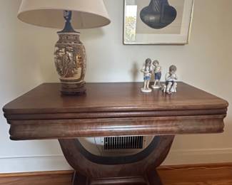 Antique Art Deco Style Flip-Top Table, Japanese Satsuma Lamp, Royal Copenhagen Figurines, and Framed Lithograph of Ceramic Jar
