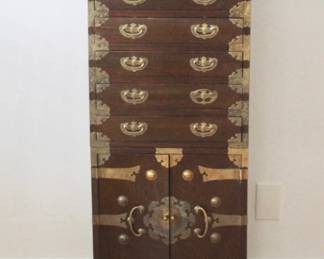 Korean Wood Brass Bound Bandaji Scholars Style Chest Chinoiserie Included in this Purchase is a 12 Place Setting Teak Wood & Bronze Flatware Set (Approximately 147 Pieces)