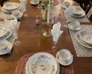 Antique Oak Dining Room Table with Two Leaves & Eight Chairs, China Royal Kent Collection Poland Service for Eight, Crystal Stemware, Soft Pink Glass Vase, Glass Candlesticks, Vintage Pink Ceramic Salt & Pepper Shakers