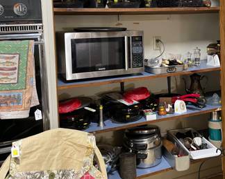 Side Chairs, Hand Made Kitchen Aprons, Vintage Meat Grinder, Pyrex Baking/Serving Sets, Pots n Pans, Vintage Footstool