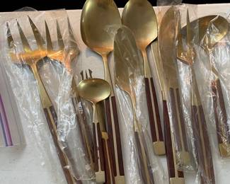 12 Piece Place Setting Teak Wood & Bronze Flatware Set (Approximately 147 Pieces) Included with Korean Wood Brass Bound Bandaji Scholars Style Chest Chinoiserie