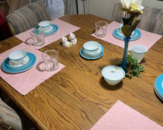Kitchen Dinette Set Seats Six, Placemats, Vintage Pyrex Blue and White Dishes, Small Blue Vase