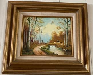 Oil on Canvas Fall Painting Creek and Cabin by Hoover