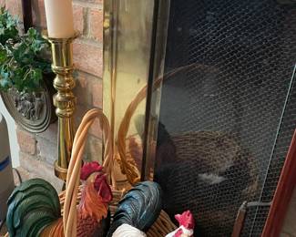 Chicken Wall Decor', Basket. Brass Candlestick with Candle