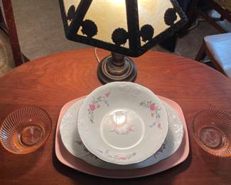 Antique Eastlake Lamp Table, Slag Shade Lamp with Brass Base. Pink Depression Glass