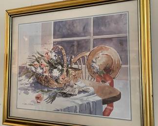 Framed Watercolor Table with Fresley Picked Flowers, Sun Hat