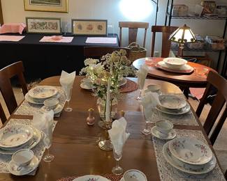 Antique Oak Dining Room Table with Two Leaves & Eight Chairs, China Royal Kent Collection Poland Service for Eight, Crystal Stemware, Soft Pink Glass Vase, Glass Candlesticks, Vintage Pink Ceramic Salt & Pepper Shakers