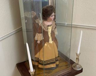 Vintage 1880 Victorian Encased Porcelain Doll 14" Callie S10H D.E.P., Antique Claw Foot Lamp Table