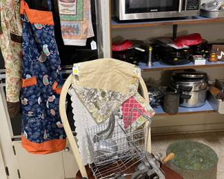 Side Chairs, Hand Made Kitchen Aprons, Vintage Meat Grinder, Pyrex Baking/Serving Sets, Pots n Pans, Vintage Footstool