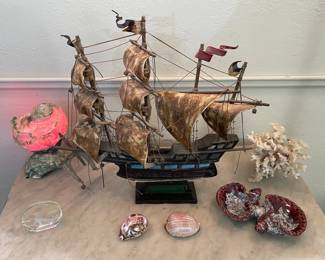 Art Nouveau Lighted Seashell, Clipper Ship Model Coral, Seashells